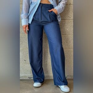 Stylish Dark Blue Wide Leg Trouser Pants